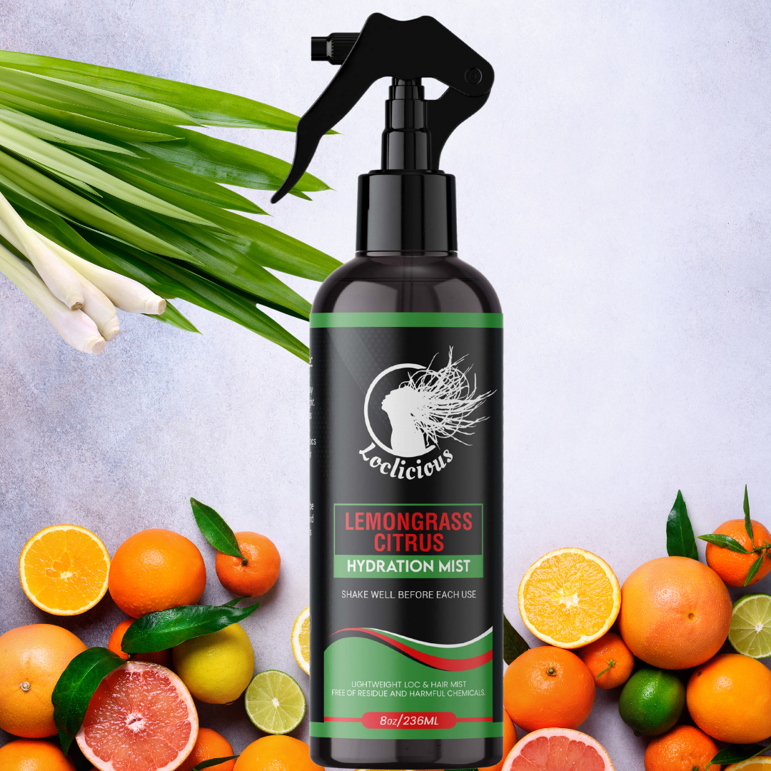 Loclicious Lemongrass Citrus Hydration Mist ā a vibrant bottle of nourishing hair care, crafted with lemongrass hydrosol, aloe vera, and a blend of natural oils to deeply hydrate and refresh locs and natural hair. Ideal for daily use, it promotes moisture, shine, and scalp care