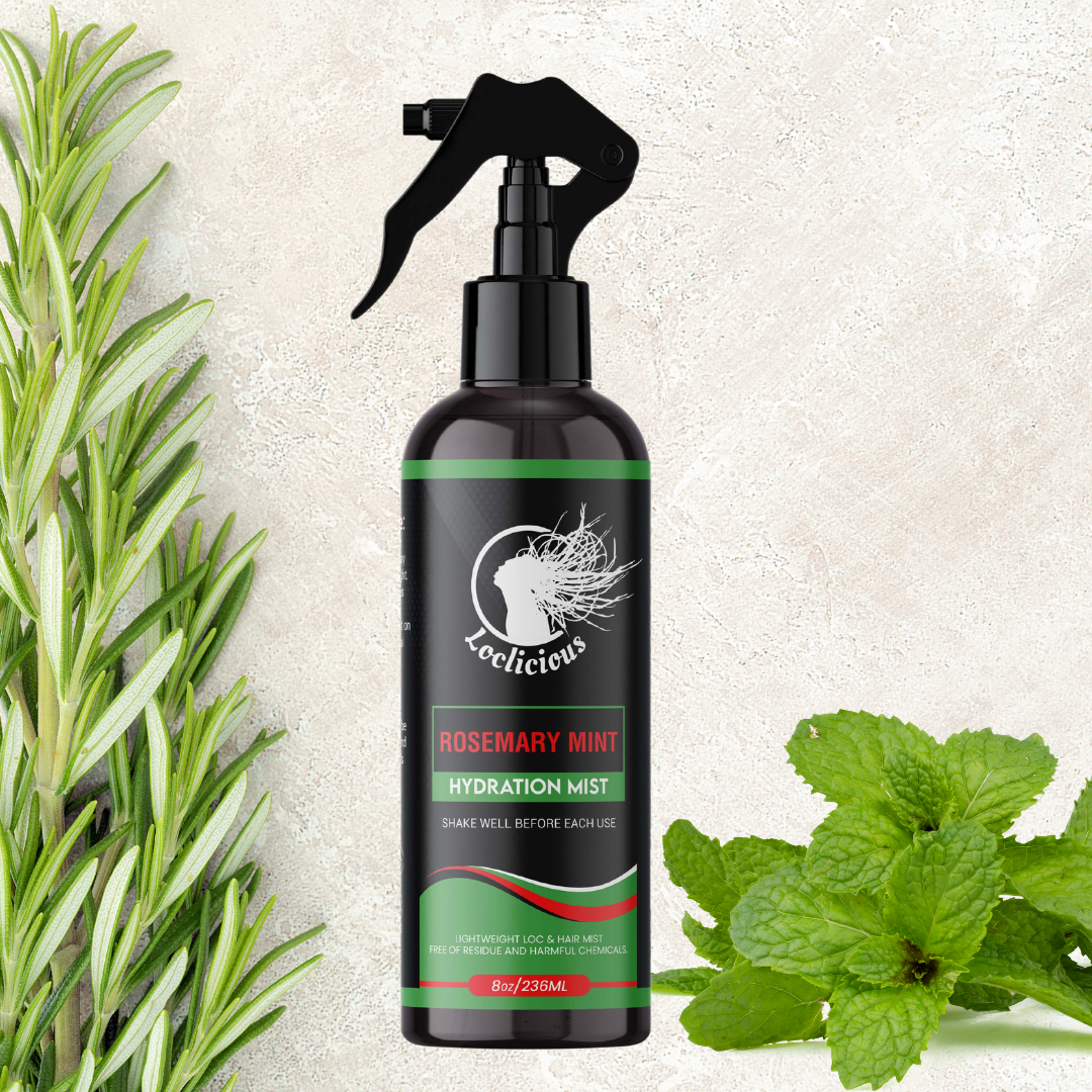 "Loclicious Rosemary Peppermint Hydration Mist for locs and natural hair. All-natural, lightweight, and residue-free moisturizer infused with rosemary hydrosol, peppermint oil, aloe vera, and nourishing oils for hydration, shine, and scalp care. Perfect for locs, twists, braids, and loose natural hair.