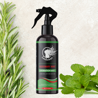 "Loclicious Rosemary Peppermint Hydration Mist for locs and natural hair. All-natural, lightweight, and residue-free moisturizer infused with rosemary hydrosol, peppermint oil, aloe vera, and nourishing oils for hydration, shine, and scalp care. Perfect for locs, twists, braids, and loose natural hair.