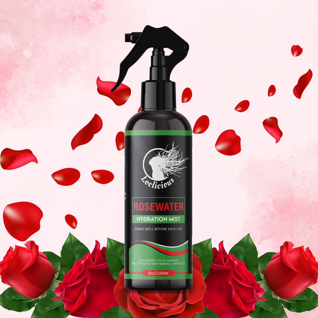 "Loclicious Rosewater Hydration Mist – a sleek bottle of all-natural hair care, enriched with rosewater, aloe vera, and essential oils, designed to deeply hydrate and moisturize locs and natural hair while preventing dryness and buildup.