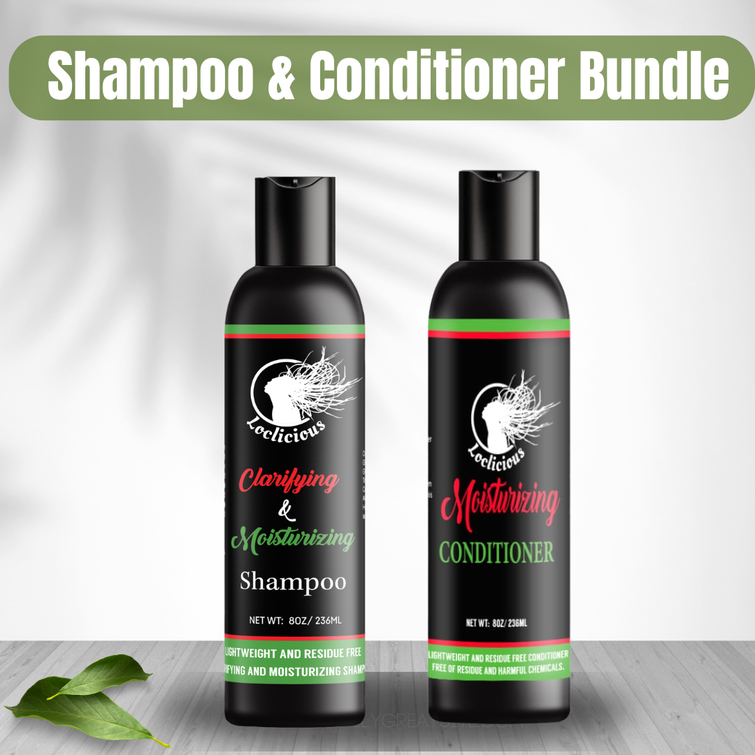 Loclicious Shampoo and Conditioner Bundle – the perfect duo for a complete wash day routine. Gently cleanse with our Clarifying Shampoo and follow up with the Moisturizing Conditioner to leave your locs and natural hair refreshed, hydrated, and nourished.