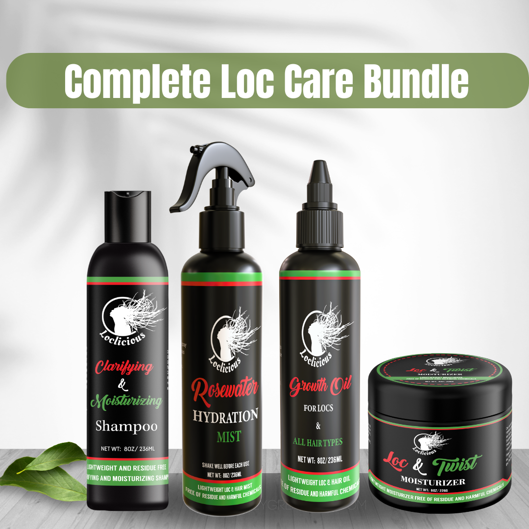 Loclicious Loc Bundle featuring the Loc & Twist Moisturizer, Growth Oil, Rosewater Hydration Mist, and Clarifying Shampoo – the ultimate all-natural hair care essentials to cleanse, nourish, hydrate, and style your locs beautifully. Perfect for maintaining healthy, thriving locs.