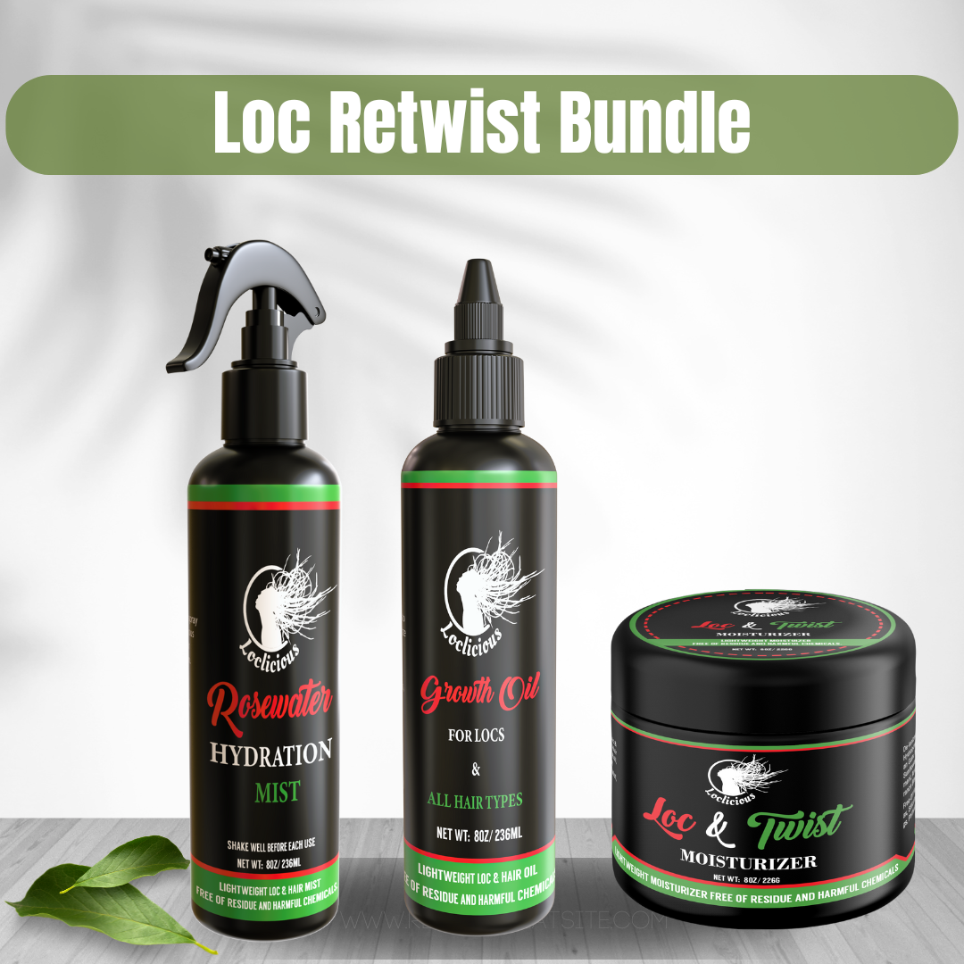 "Loclicious Loc Retwist Bundle featuring the Rosewater Hydration Mist, Growth Oil, and Loc & Twist Moisturizer – your all-in-one solution for achieving perfectly hydrated, nourished, and styled locs with ease. Designed for healthy and long-lasting retwists.