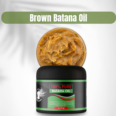 Pure 100% Brown Batana Oil in a jar, highlighting its rich, earthy tone and nutrient-packed formula—ideal for deeply nourishing and revitalizing hair and scalp.